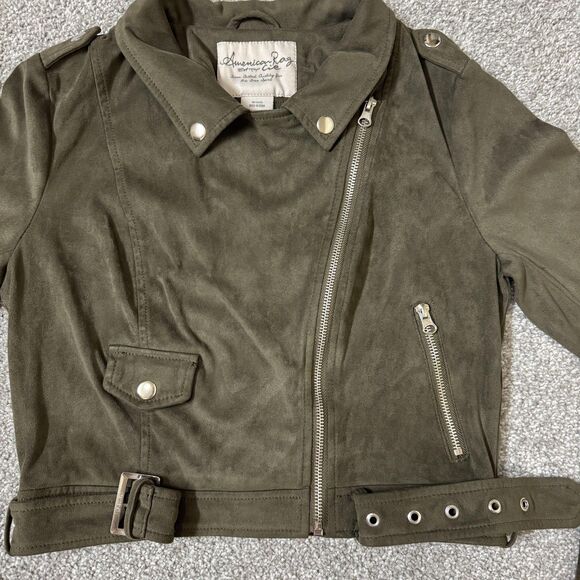 American Rag Cie Jacket Womens Medium Green Faux Suede Moto Belted Biker Cropped - Picture 4 of 14